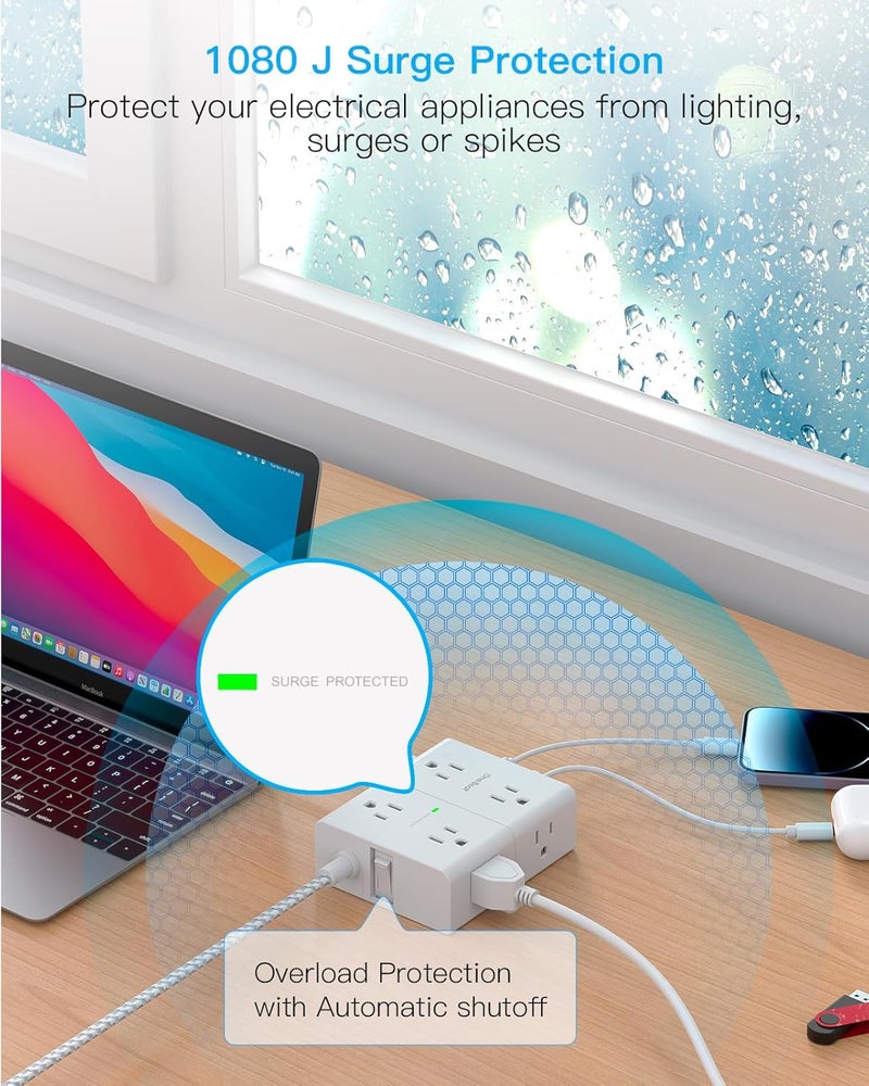 One Beat Surge Protector Power Strip 20 Ft Cord, Ultra Thin Flat Extension Cord with 8 Outlets 4 USB Ports(2 USB C), Flat Plug Power Strip, 20 Ft Long Braided Power Cord for Home, Office, Dorm Room Essentials - Image 4